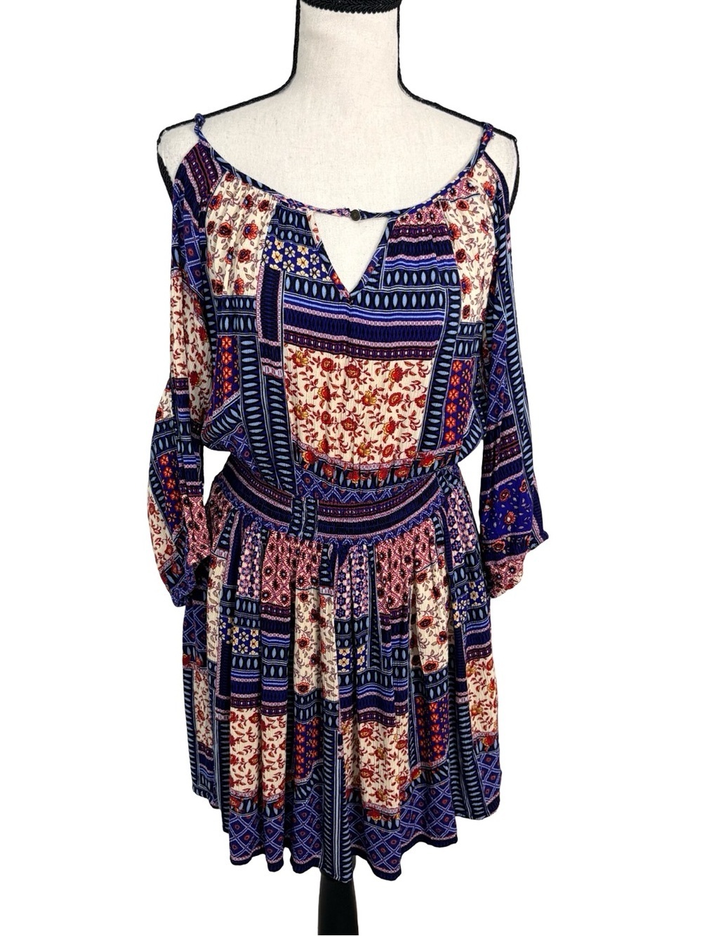 American Eagle Boho Patchwork Cold Shoulder Mini Dress Small